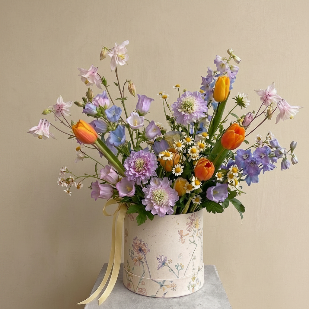 Bouquet of colorful flowers in a decorative box on a neutral background